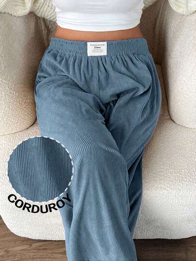 SHEIN EZwear Plus Size Women's High Waist Loose Flare Pants, Blue Corduroy Fabric With Pockets And Patch Design, Suitable For Campus, Daily Wear, And Indoor Work, Autumn/Winter