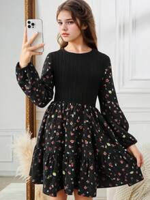 SHEIN Váy suông dài tay cổ tròn họa tiết hoa cổ điển, cạp loe, viền ren cho bé gái tuổi teen - màu đen - Xem 6