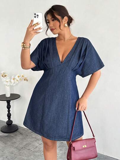 Firerie 大码女式深V领蝙蝠袖褶皱性感时尚牛仔连衣裙