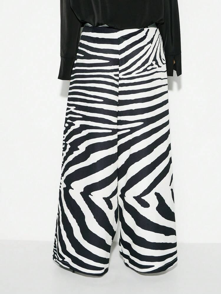 KIZN Zebra Print Wide Leg Palazzo Pants High Waisted Tailored Trousers Animal Print Statement Bottoms Fall Winter Fashion