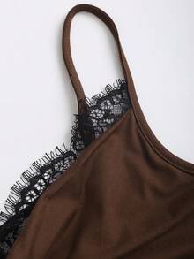 Sweetra 女士 Y2K 性感蕾丝拼接吊带阔腿连体裤 - 咖啡棕 - 查看 4