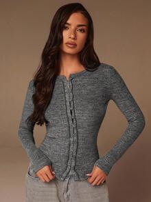 Athîral 女士纯色圆领长袖单排扣修身休闲上衣 - 灰色 - 查看 5