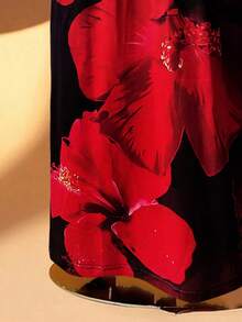 DreamSkyne 大码女士浪漫长吊带修身印花长裙，方领，后开衩，女士牛奶丝印花连衣裙，优雅长袖印花晚礼服，方领设计，适合春秋季节、日常约会、聚会等场合，精致优雅的美人鱼连衣裙，红玫瑰连衣裙，黑红连衣裙，女士奢华连衣裙，优雅印花连衣裙，芙蓉花连衣裙，红黑连衣裙，天鹅绒连衣裙，女士职业上衣，红黑上衣，女士职业上衣 - 黑色 - 查看 6