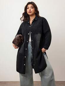 Enliva Áo khoác denim dài tay cỡ lớn dành cho nữ màu trơn đơn giản hàng ngày - màu đen - Xem 7