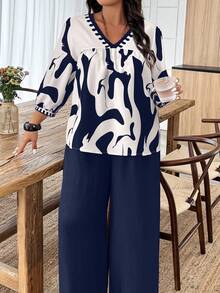 Weeklong 大码女式灯笼袖V领衬衫搭配阔腿裤休闲套装，适合日常、聚会和假日穿着 - 彩色 - 查看 3