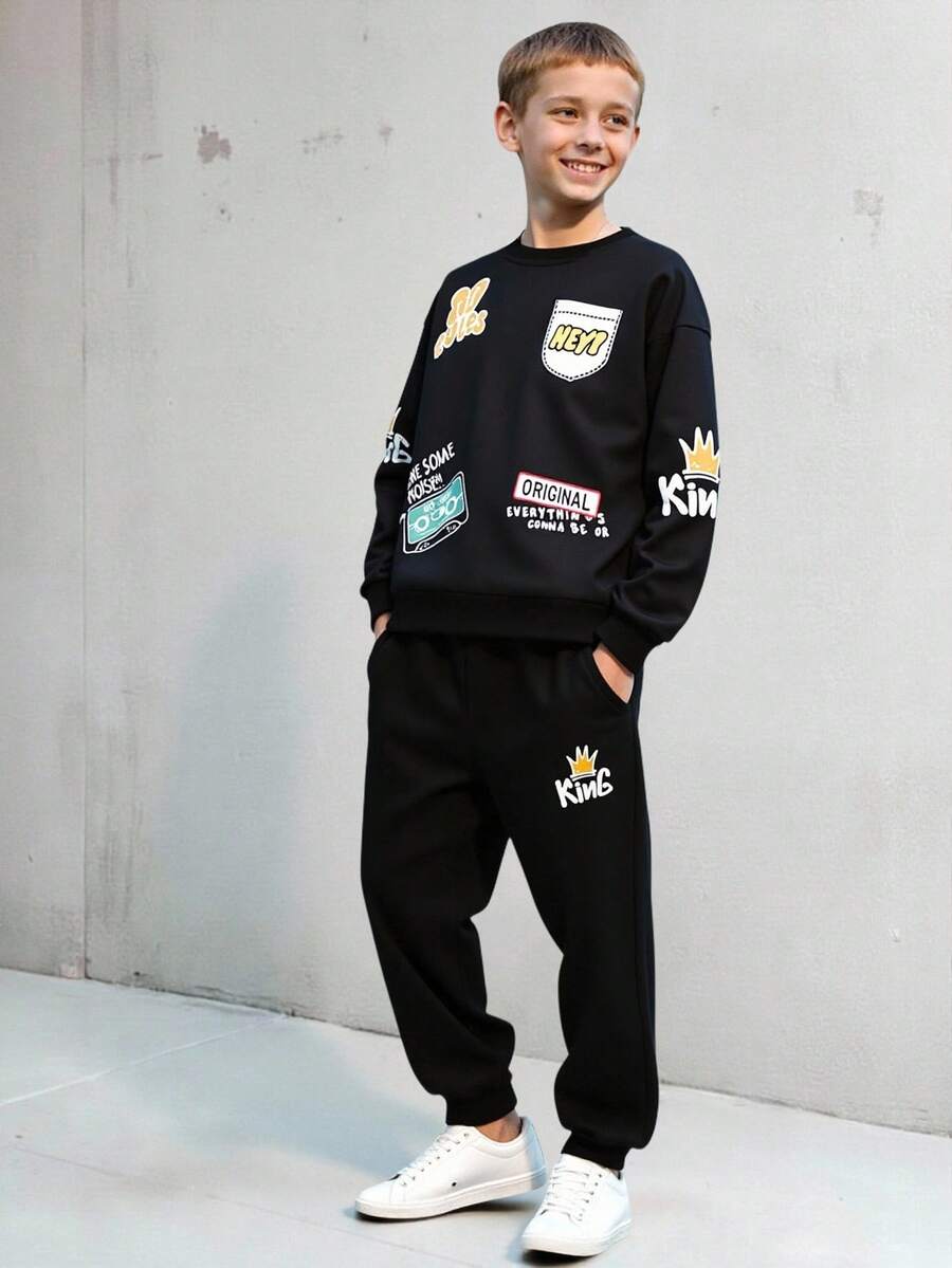 Vacaura 2pcs Boys Crown Graphic Crew Neck Black Sweatshirt And Sweatpants Set, Suitable For Outdoor Spring/Autumn - Black - View 1