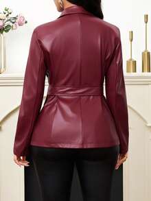 SHEIN Lady 女士时尚PU腰带翻领薄款西装外套 - 酒紅色 - 查看 2