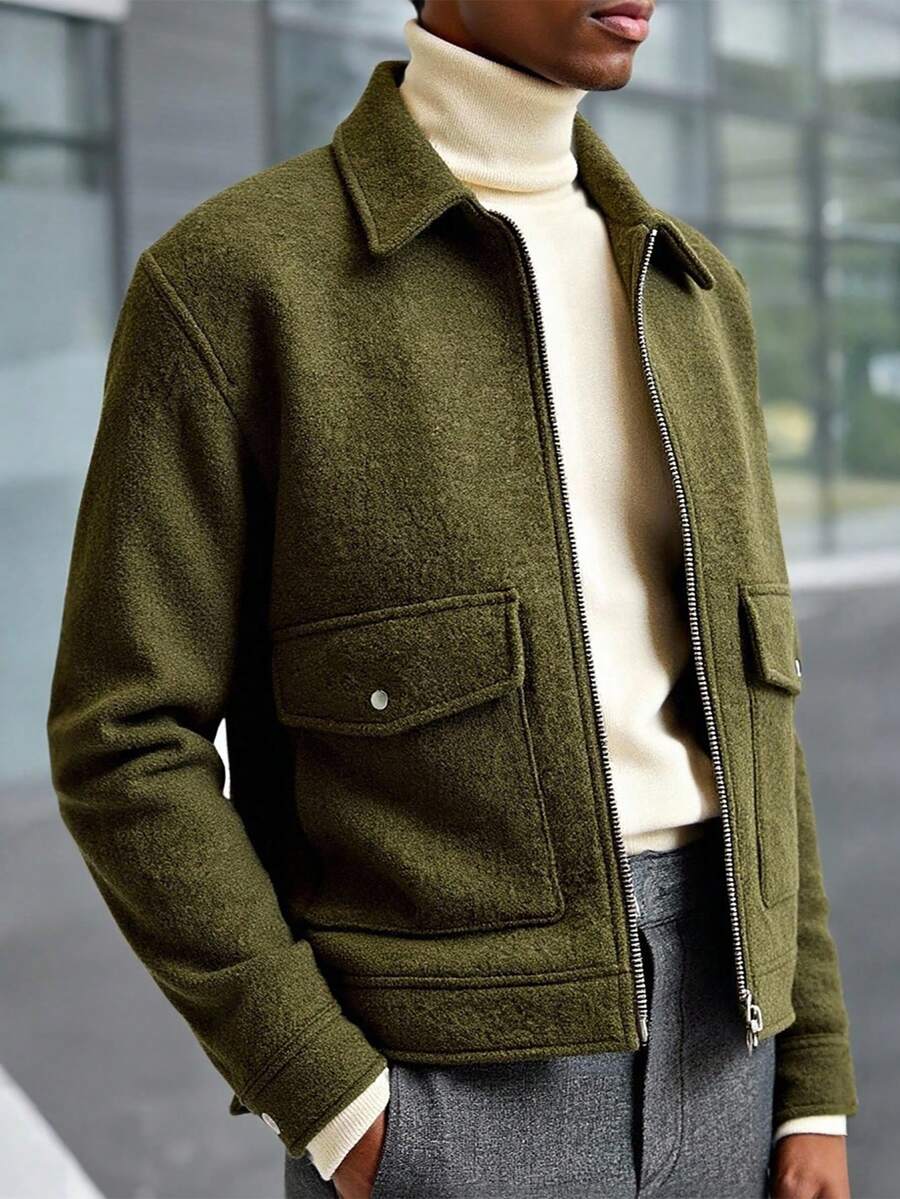Manfinity CasualCool Áo khoác nam dáng ngắn, màu trơn, chất liệu len pha, có khóa kéo, thích hợp mặc mùa thu/đông. - xanh quân đội - Xem 1