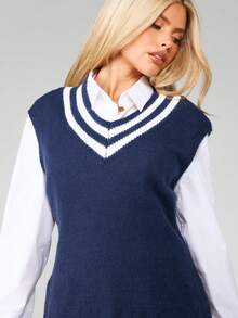 MISSGUIDED Preppy Navy V-Neck Sleeveless Knitted Sweater Vest Dress With White Stripe Details Layering Mini Fall Winter Academia Style - Blue and White - View 6