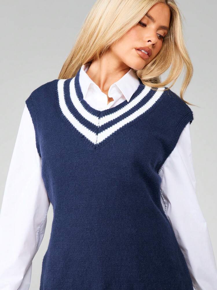MISSGUIDED Preppy Navy V-Neck Sleeveless Knitted Sweater Vest Dress With White Stripe Details Layering Mini Fall Winter Academia Style