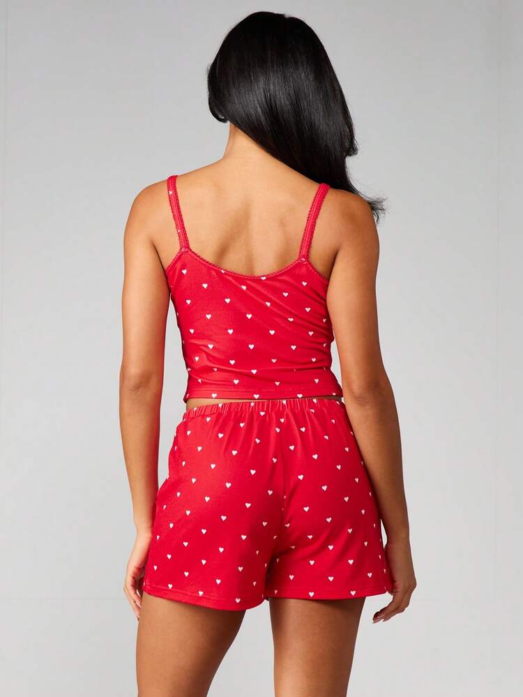 MISSGUIDED Dwuczęściowy komplet wypoczynkowy z nadrukiem serca, top z krótkim rękawem i szortami, piżama, komplet na walentynki, koszulka na ramiączkach, letni strój wypoczynkowy, pasujący strój