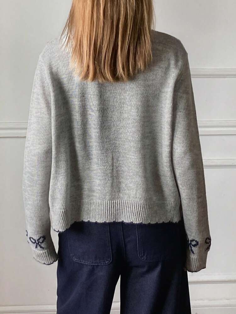 Bow Contrast Jacquard Loose Round Neck Long Sleeve Elegant Knit Cardigan For Women, Spring/Autumn