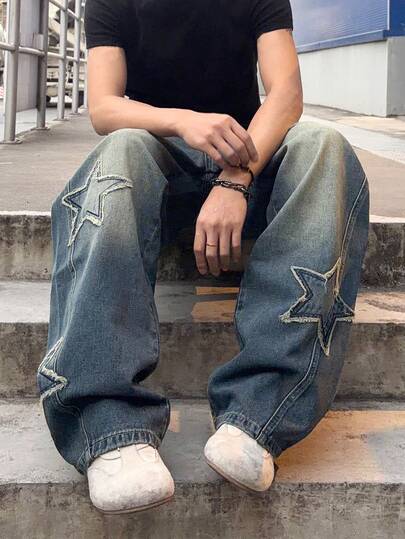 Street Life Herren Loose Fit Jeans mit Sternstickerei