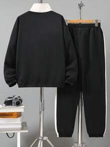 Vacaura 两件套青少年男童休闲黑白拼接拉链外套和裤子套装，适合春秋季户外活动 - 黑色 - 查看 2