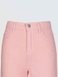 SHEIN Denimly 女童休闲简约学院风牛仔裤，松紧腰，拉链闭合，水洗牛仔七分裤 - 粉色 - 查看 3