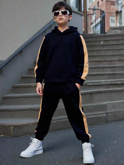 2pcs/Set Tween Boy Casual Sports Contrast Color Hoodie And Drawstring Pants Set, Suitable For School, Home, Daily Wear, Sports, Versatile, Minimalist Design, Suitable For Spring, Summer, Autumn, Winter