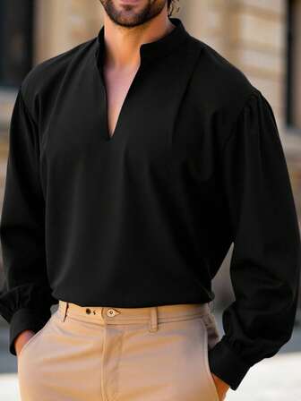 Manfinity AFTRDRK Men's Black V-Neck Puff Sleeve Casual Woven Shirt Black Long Sleeve Shirt Men