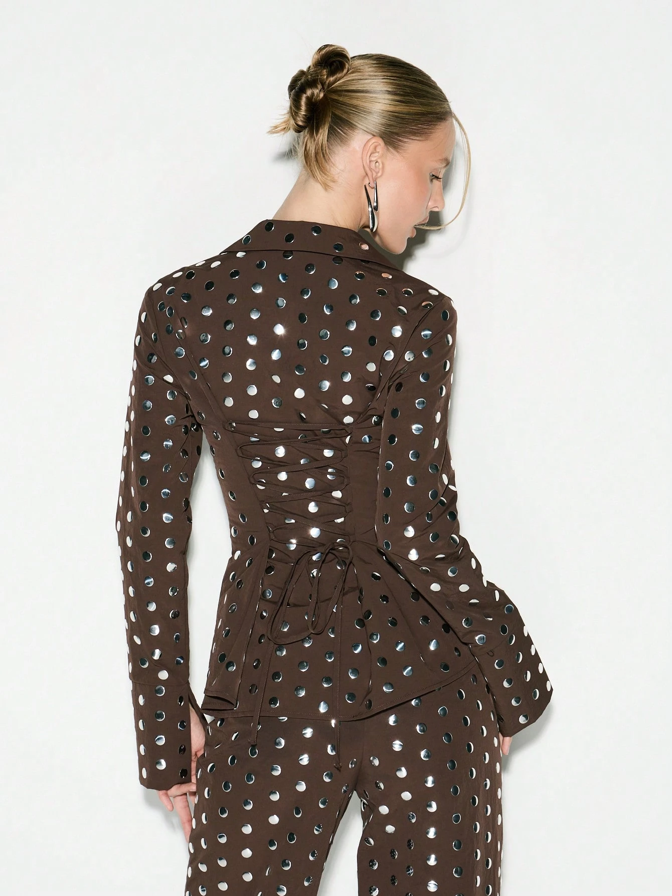 KIZN Lace Up Back Blouse With Polka Dots
