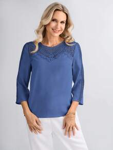 Miaspire Guipure Lace Insert Women's Casual Vacation Blouse, Spring/Summer Mothers Day Gift For Mom - Blue - View 7