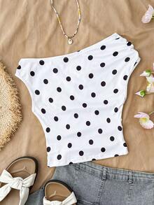 SHEIN 少女白色针织休闲简约波点印花修身不对称褶皱短款上衣，适合春夏穿着，休闲百搭，可打造个性造型，日常穿着 - 黑與白 - 查看 2