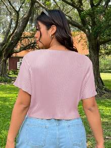 SHEIN EZwear Áo thun tay ngắn họa tiết gân màu hồng cỡ lớn, thường ngày, đa năng - Hồng - Xem 2