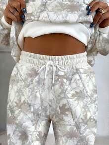 INAWLY Light Gray Maple Leaf Camouflage Printed Women's Crew Neck Sweatshirt And Sweatpants Two Pieces Set For Fall And Winter, Mother's Day Gifts, Casual Simple - Grey - View 3