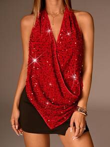 Avantive Fall/Autumn/Summer/Winter/Back To School/Concerts For Women/Going Outs/Birthday/Costumes/Casual/Y2k/2000s//90S/Sexy/Western Wear Women/Boho/Country/Club/Office /Cocktail/Vintage/Bodycon/Raves Festival/Funny/Classy/Old Money/Streetwear/Vacations/Country Concert/Work /Modest/National Day New Year Party /Basic/Graduation/New Year/Halter/Red/Solid Color Sequin Sexy Fashion Halter Top Red Sequin Top - Red - View 5