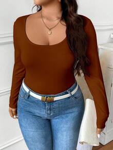 Elenzga Camiseta casual versátil de manga larga, cuello de pico y ajuste ceñido en unicolor para mujer de talla grande - Marrón - Ver 4