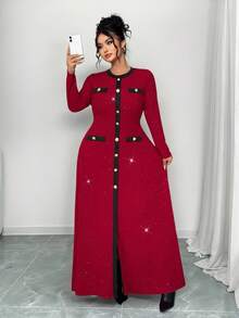 Elenzga Elegantes Partykleid in Große Größen, Farbblockdesign mit Pailletten, Textilstruktur, Metallverzierung vorne, tailliertes A-Linien Kleid für Damen - Rot - Übersicht 6