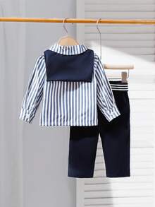 Souflis Souflis Baby Boy Outfit: Striped Stylish Shirt + Black Suit Pants - Royal Blue - View 2