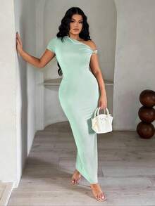 SHEIN SXY Đầm suông cổ lệch đính kim loại màu trơn thanh lịch dành cho nữ - Màu xanh Bạc hà - Xem 4