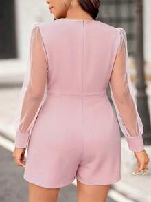 Elenzga 西式加大码纯色网纱袖不对称连体衣 - 粉色 - 查看 2