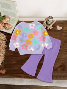 SHEIN Happikins Gentle Purple, Cute Dopamine Flower Pattern, Young Girl Casual Minimalist Crew Neck Long Sleeve Sweatshirt And Flare Pants Set, Suitable For Autumn/Winter, Autumn Outfits For Easy Comfort, Autumn Layers For Kids, Stylish Kids, Casual Wear, Kids Graphic Clothes, Back To School, Fall Clothes - Multicolor - View 2