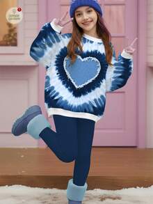 2pcs Tween Girls Casual Fashionable Tie Dye Blue Heart Print Sweatshirt And Leggings Set, Comfortable Fit, Suitable For Autumn/Winter Sweat Sets Tweens Comfy Girls Blue Sets Sumwon