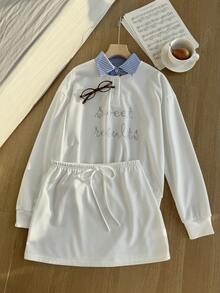 Resyla 2pcs Women Casual Striped Collar Rhinestone Embellished Top & Shorts Set - White - View 8