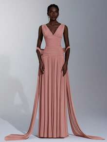 Elitara 优雅酒红色亮面网纱V领褶皱超大A字裙（可拆卸吊带雪纺荷叶边），适合约会、单身派对、婚礼、正式场合、伴娘礼服 - 藕粉色 - 查看 4