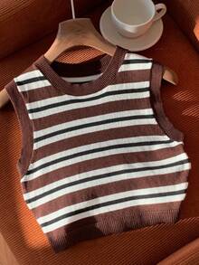 Comfortcana 条纹无袖休闲针织撞色毛衣背心 - 彩色 - 查看 7
