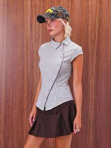 COUREZ Short Sleeve Asymmetric Fitted Stripe Shirt/Y2K Spring Tops Y2K Summer Clothes For Women Outfits Festival Concert - Grey - View 4