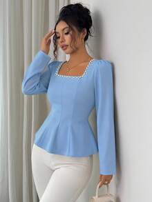 Elenzga 女式纯色方领珍珠装饰腰部收紧长袖衬衫，秋季 - 淺藍色 - 查看 1