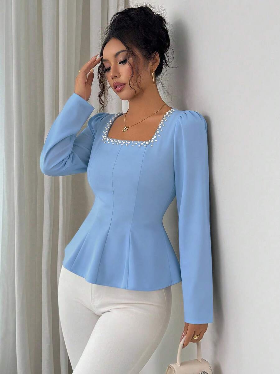 Elenzga 女式纯色方领珍珠装饰腰部收紧长袖衬衫，秋季 - 淺藍色 - 查看 1