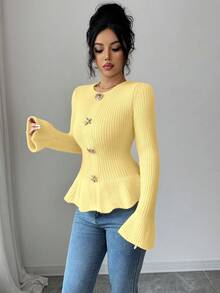 SHEIN Elenzya 女士优雅金属扣袖口荷叶边下摆长袖毛衣，秋冬款 - Butter Yellow - 查看 4