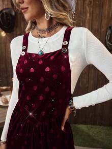 LanaWest Women's Western Casual Autumn/Winter Velvet Heart Embossed Glitter Fabric Party, Christmas, New Year Jumpsuit - Burgundy - View 6