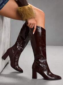 CUCCOO SZL Women's Fashion Commuter Chunky High Heel Knee-High Boots For Christmas - Coffee Brown - View 4