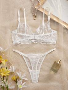 SHEIN Floral Lace Underwire Bra & Panty Lingerie Set - White - View 2