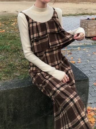 FRIFUL Women's Plaid Layered Ruffle Hem Straight Leg Casual Loose Jumpsuit, Versatile For Autumn/Winter