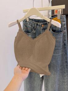 SHEIN LUNE 女士纯色蕾丝拼接优雅吊带衫 - 棕色 - 查看 6