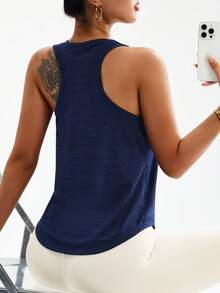 SHEIN Sports Plus Size Women's Casual Solid Color Round Neck Racerback Tank Top, Summer - Navy Blue - View 2