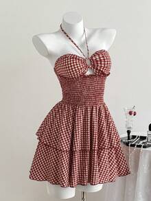 Elamini 红色提花格纹无袖镂空收腰荷叶边迷你连衣裙，女士春夏款，适合度假、复古、优雅、通勤、约会等场合，简约百搭。 - 紅色 - 查看 5