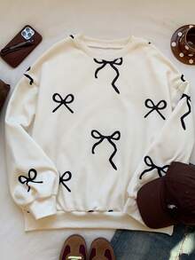 Comfortcana 2025 New Fall/Winter Fashionable Women's Bow Print Simple Daily Crew Neck Long Sleeve Sweatshirt, Long Sleeve Top In Fall/Winter For Women Christmas New Year Casual - Beige - View 4