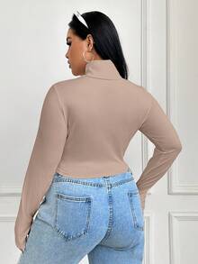 SHEIN EZwear 大码女式休闲日常通勤简约纯色高领长袖修身短款T恤，秋冬款 - 杏色 - 查看 2